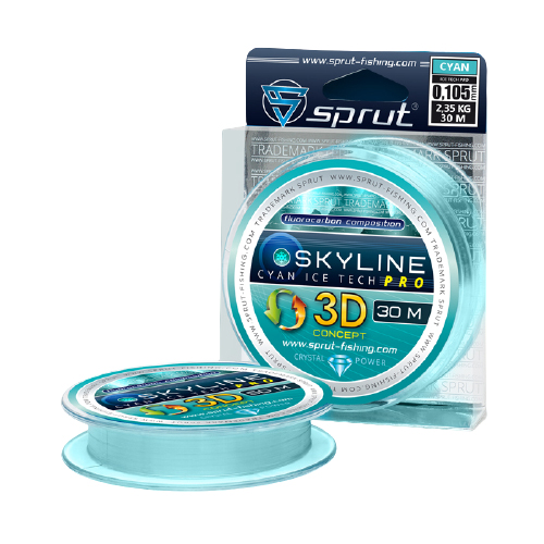 Леска зимняя Sprut Skyline Fluorocarbon Composition IceTech Pro 3D Cyan 30м - 0.105мм - 2.35кг